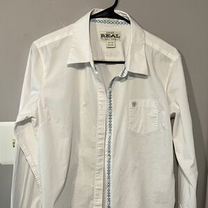 Ariat White Button Down Women’s Shirt with Blue Trim Sz XL